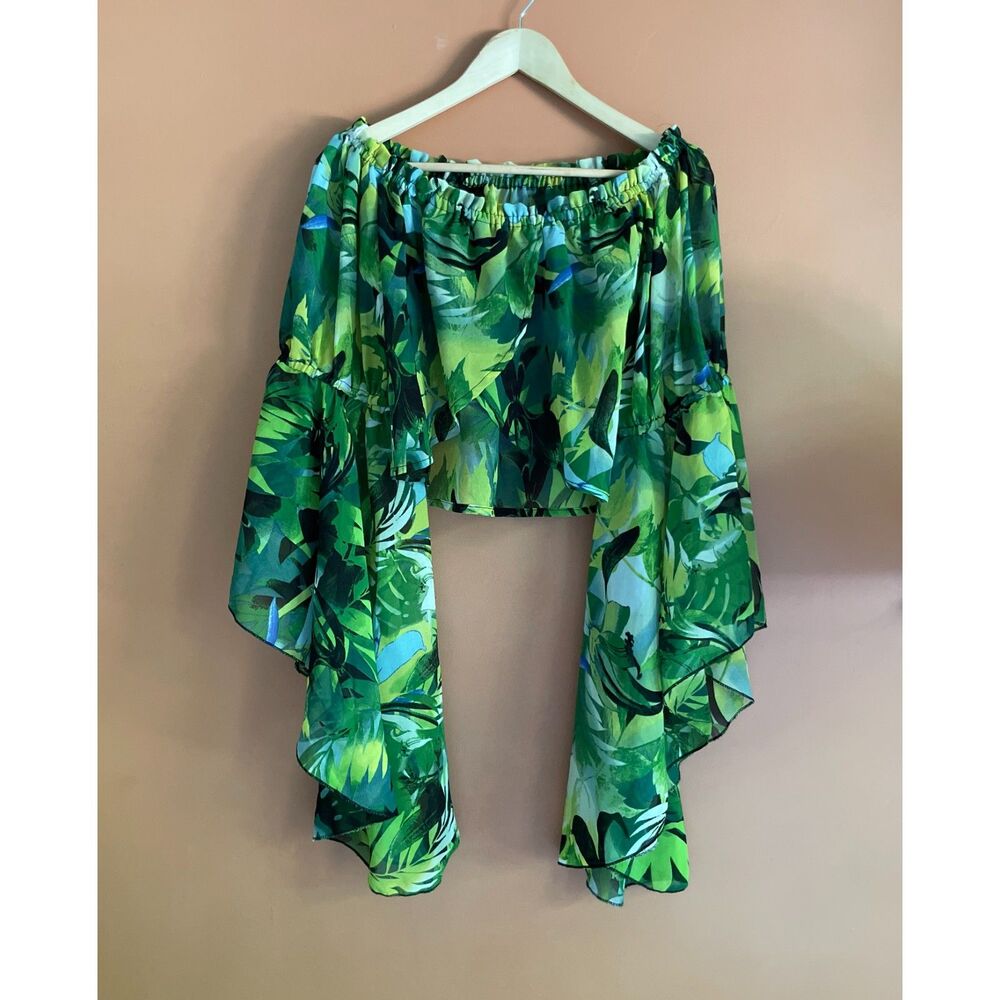 Live 4 Truth Green Tropical Print Off Shoulder Crop Top Bell Sleeves Medium Y2K